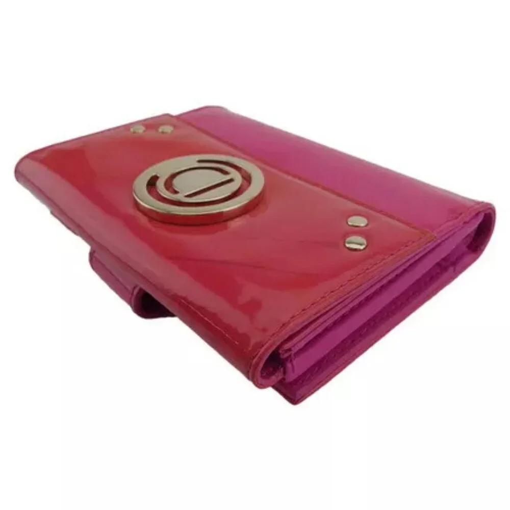 Dior W hook wallet D mark plate pink enamel leather Authentic Used